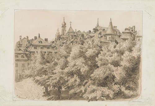 Gezicht op een stadsplein met bomen by J. Jaccoud
