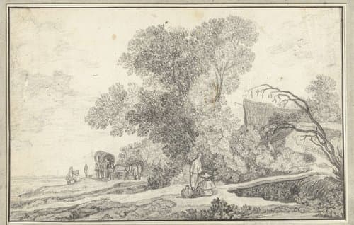 Landschap met boomgroep en huifkar by anonymous