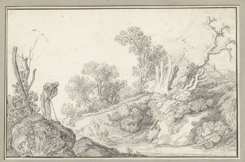 Landschap met kale boom en man met stok by anonymous