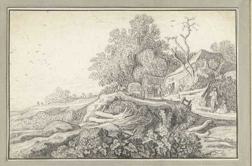 Landschap met een kar en figuren bij een boerderij by anonymous
