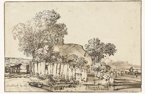 Huisje met houten omheining tussen bomen by Rembrandt van Rijn