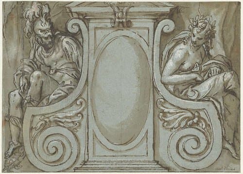Deurbekroning met de figuren van Oorlog en Vrede by Paolo Farinati
