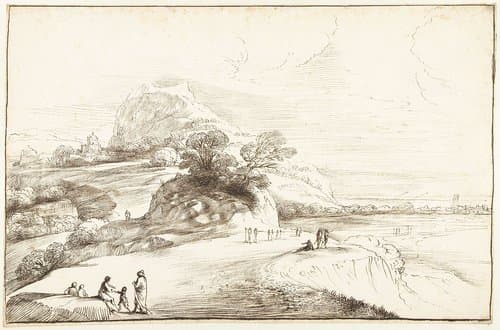 Berglandschap met uitzicht op een vlakte by Guercino