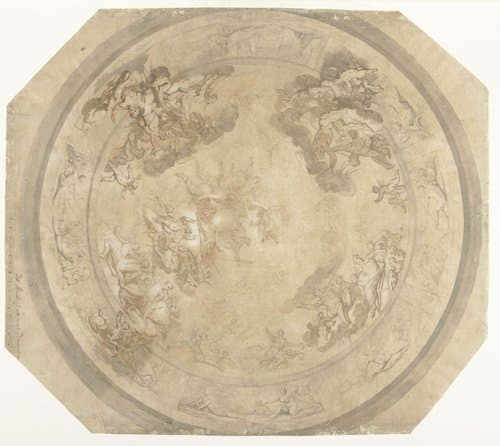 Ontwerp voor een rond plafondstuk met de vier windstreken by Mattheus Terwesten