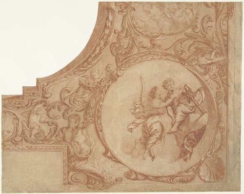 Ontwerp voor een hoekstuk van een plafond met Diana en Endymion by Mattheus Terwesten