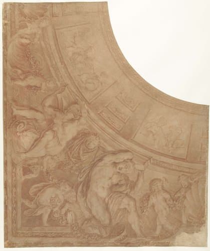 Ontwerp voor een hoekstuk van een plafond met figuren by Mattheus Terwesten