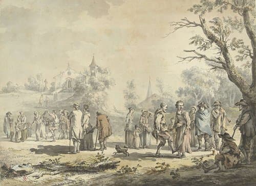 Dansende landlieden en toeschouwers bij een dorp by Jean Jacques de Boissieu
