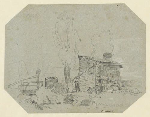 Houten keet in een landschap met twee bomen en een bruggetje by John Linnell (II)