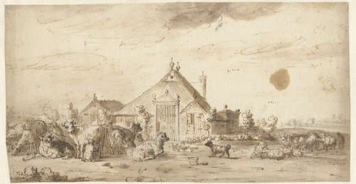 Landschap met boerderij en vee by Claes Moeyaert
