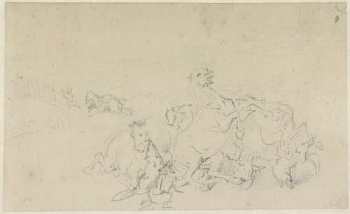 Hongerige wolven overvallen een groep ruiters by Eugène Verboeckhoven