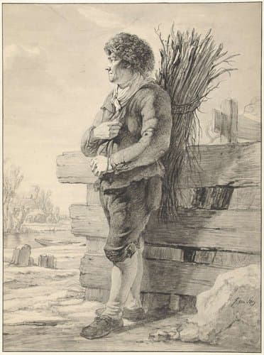 Staande man met takkenbos op de rug by Jacob van Strij