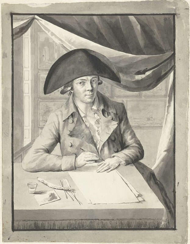 Zelfportret van Hendrik Kuipers, zittend achter een tafel, tekenend by Hendrik Kuipers