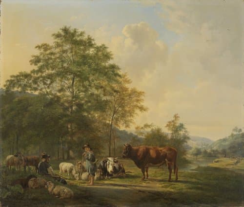 Landschap met herder, bulleman en vee by Pieter Gerardus van Os