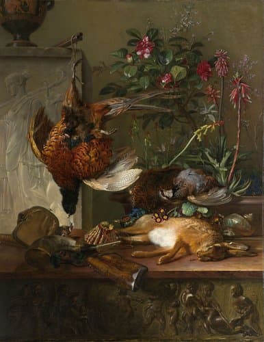 Stilleven met jachtbuit en Griekse stèle: allegorie op de Herfst