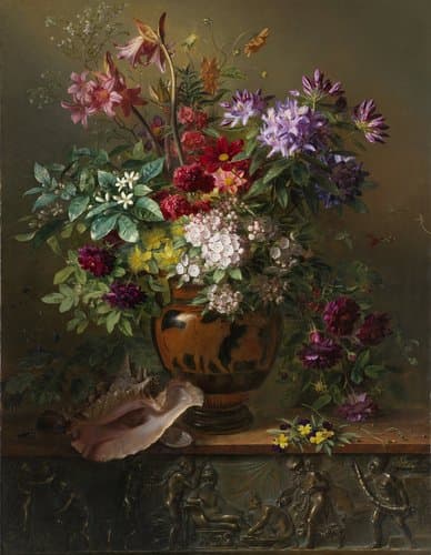 Stilleven met bloemen in een Griekse vaas: allegorie op de lente