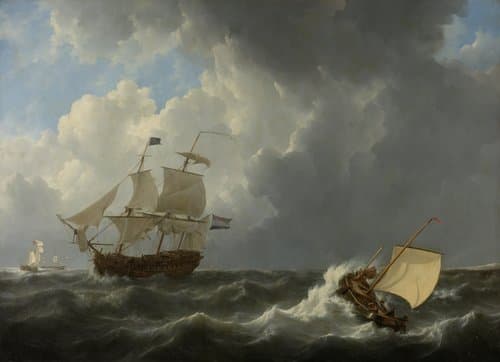 Schepen op een onstuimige zee by Johannes Christiaan Schotel