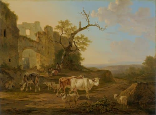 Landschap met vee bij een ruïne by Jacob van Strij