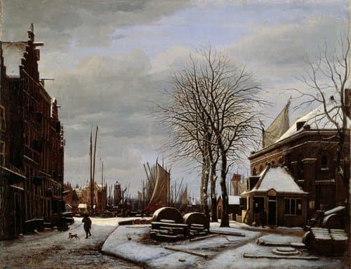 De Slijpsteenmarkt in Amsterdam met het gebouw 'Het Zeerecht' in de winter by George Pieter Westenberg
