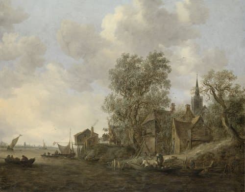 Gezicht op een dorp aan een rivier by Jan van Goyen