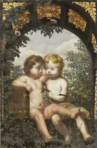 Christelijke allegorie met twee kinderen met een bijbel en een slang by anonymous