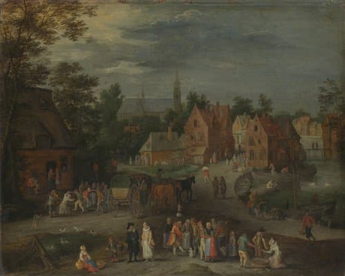 Village with a Puppeteer Entertaining a Small Crowd by Peeter Gijsels