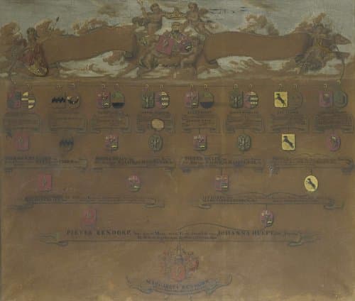 Kwartierstaat met de wapens van de zestien kwartieren van Margaretha Rendorp by anonymous