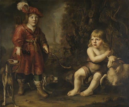 Portraits of two Boys in a Landscape, one dressed as a Hunter, the other St as John the Baptist by Douwe Juwes de Dowe