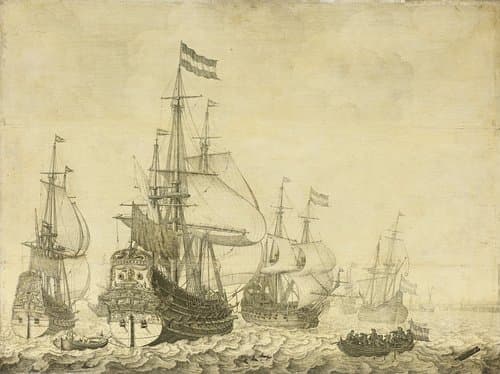 Zeegezicht met Hollandse oorlogsschepen by Willem van de Velde (I)