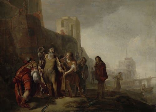 De gezanten van Alexander de Grote bekleden de tuinman Abdalonymos met de insigniën der koningswaardigheid van Sidon by Nicolaes Knupfer