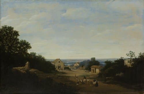 Braziliaans landschap met het dorp Igaraçú. Links de Cosmas en Damianuskerk by Frans Jansz Post