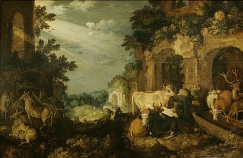 Landschap met ruïnes, vee en herten by Roelant Savery