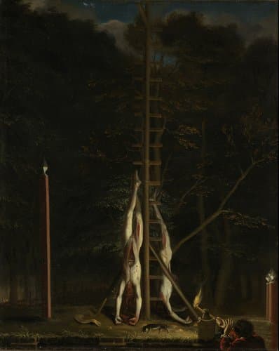 De lijken van de gebroeders de Witt, opgehangen op het Groene Zoodje aan de Vijverberg te Den Haag, 1672 by Jan de Baen