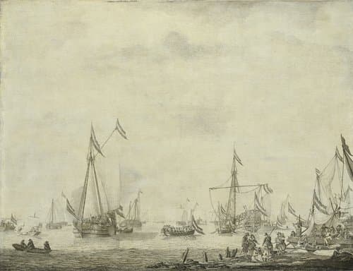 Het Prinsenjacht en het Statenjacht verlaten Moerdijk met Karel II van Engeland aan boord, 1660 by Willem van de Velde (I)