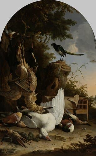 A Hunter’s Bag near a Tree Stump with a Magpie by Melchior d'Hondecoeter