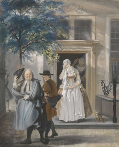 'De Geveinsde Droefheid': eerste bedrijf, elfde toneel van het blijspel 'De Ontdekte Schijndeugd' van David Lingelbach (1687) by Cornelis Troost
