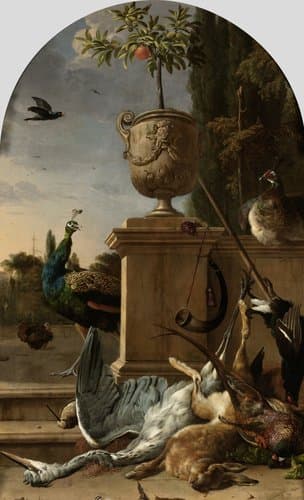 Jachtbuit bij een bordes by Melchior d'Hondecoeter