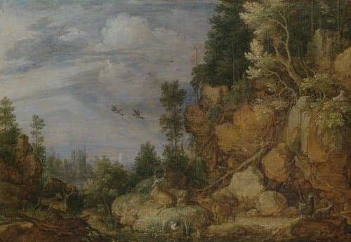 Rotsachtig landschap met herten en geiten