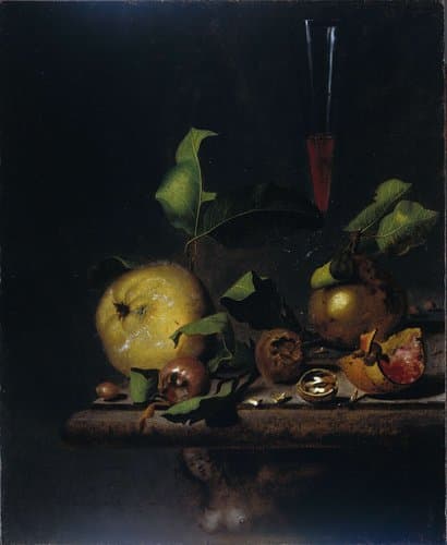 Stilleven met kweeperen, mispels en een glas by Martinus Nellius