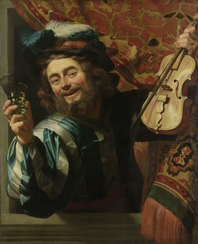 Een vrolijke vioolspeler die een berkenmeier vasthoudt by Gerard van Honthorst