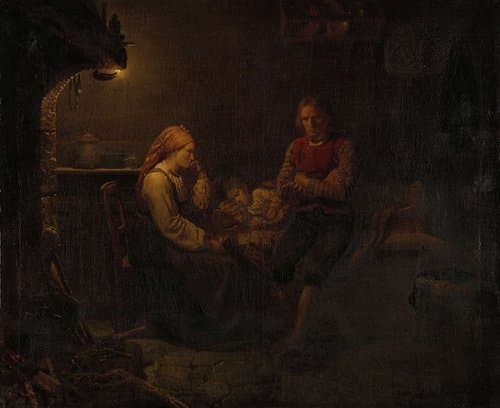 Ouders bij het ziekbed van hun kind by Adolph Tidemand