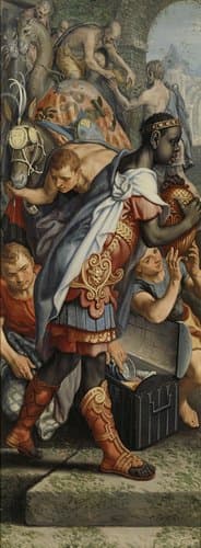 Vleugel van een altaarstuk met de aanbidding der koningen en de opdracht in de tempel by Pieter Aertsen