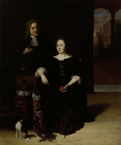 Portret van een dame en een heer in een interieur by Matthias Wulfraet
