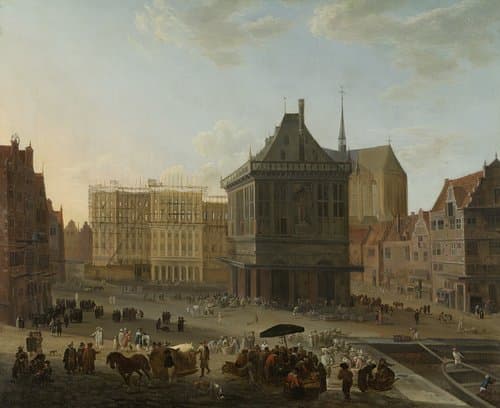 De Dam te Amsterdam met het nieuwe stadhuis in aanbouw by Jacob van der Ulft