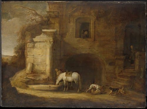 View of a Dilapidated Building with a Fountain by Simon de Vlieger