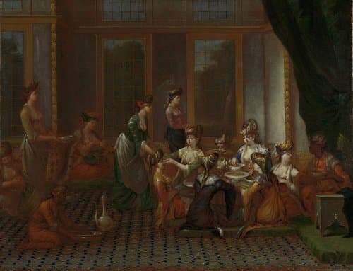 Maaltijd van voorname Turkse vrouwen by Jean Baptiste Vanmour