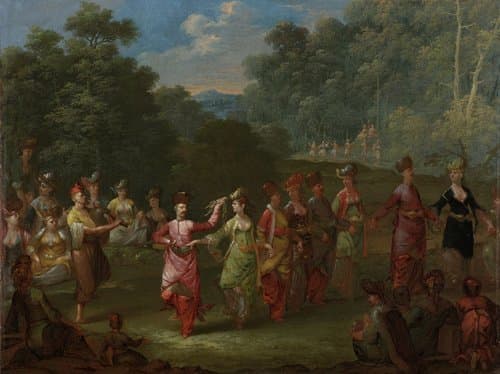 Griekse mannen en vrouwen dansen de khorra