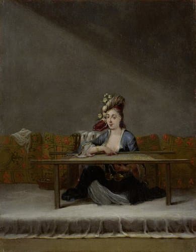 Turkse vrouw voor haar borduurraam by Jean Baptiste Vanmour