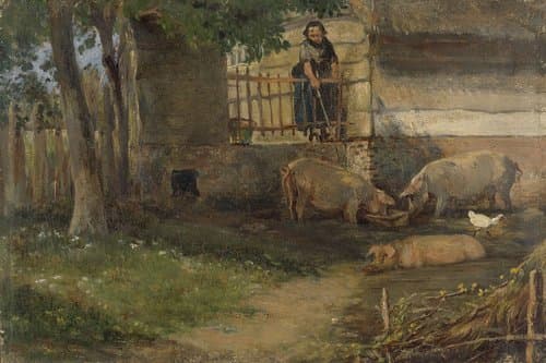 Varkens bij een boerderij by Guillaume Anne van der Brugghen