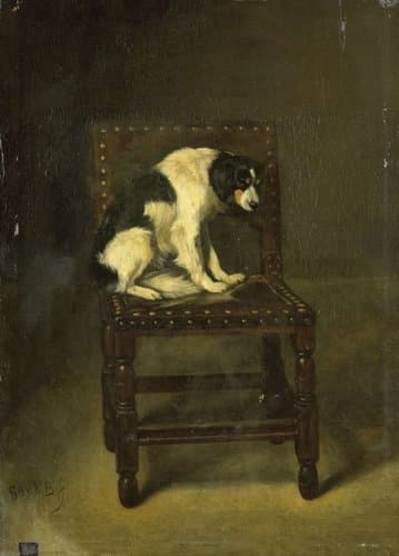 Een hondje op een stoel by Guillaume Anne van der Brugghen