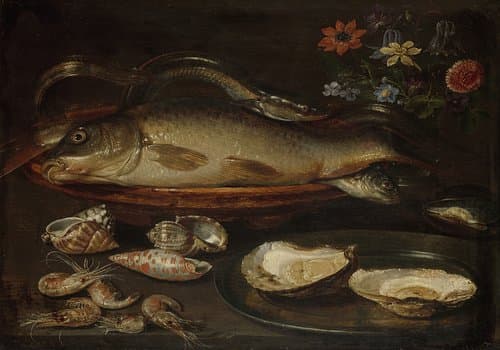 Stilleven met vissen, zeevruchten en bloemen by Clara Peeters